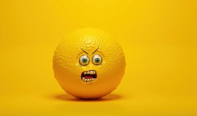 A quirky and expressive yellow orange with a funny angry face, perfect for playful designs, food promotions, or social media showcasing fun.