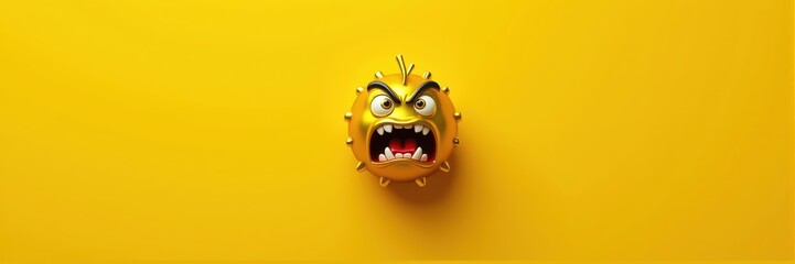 A vibrant yellow background features a cartoonish angry pufferfish, perfect for illustrating emotions, seafood themes, or fun designs in marketing materials.
