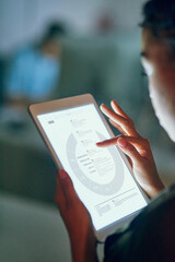 Tablet, screen and browsing of article, hands and planning in night, online and review of media and reporter. Office, research and person with app, working late, journalist and employee in newsroom