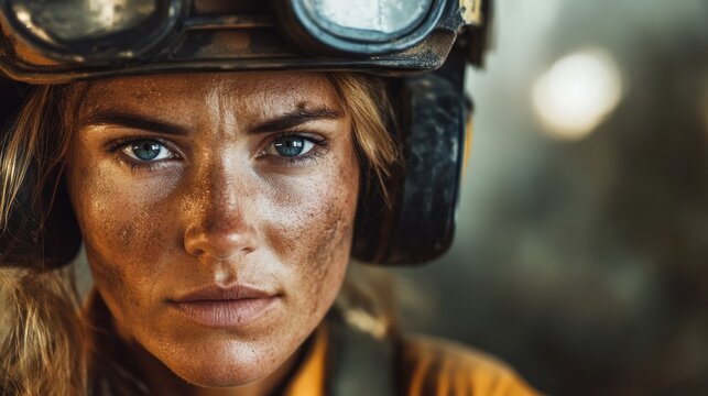The female miner displays her protective gear, highlighting grit and determination amidst a challenging mining backdrop, emphasizing her role and strength in the industry
