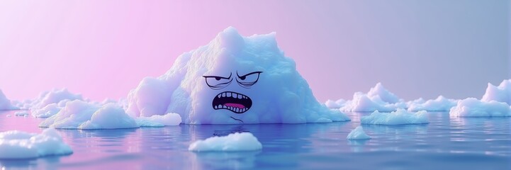 A whimsical, animated iceberg character expresses anger, showcasing a unique blend of humor and emotion. Perfect for themes of climate change and environmental awareness.