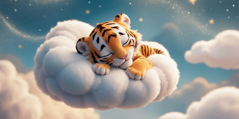 Little cartoon tiger sleeping on a cloud decoration