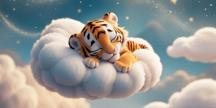 Little cartoon tiger sleeping on a cloud decoration