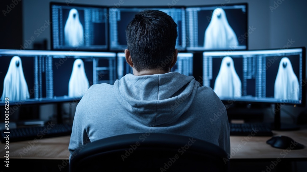 Poster A man sitting at a desk with four monitors showing ghost images, AI