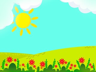 Cartoon forest background. Sun rays falling on the glade with flowers and trees. Beautiful nature landscape concept for banner, camping, magical forest. Summer or spring scene. Vector illustration