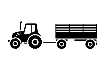 Farm tractor with trailer icon. Black silhouette. Side view. Vector simple flat graphic illustration. Isolated object on white background. Isolate.