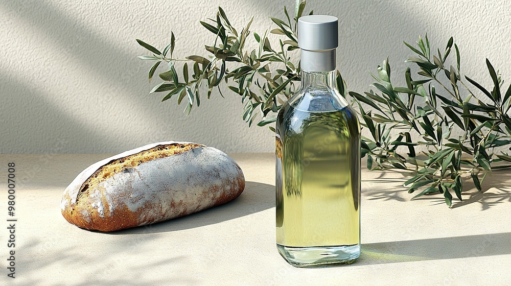 Wall mural olive oil, bread, and olives on a table