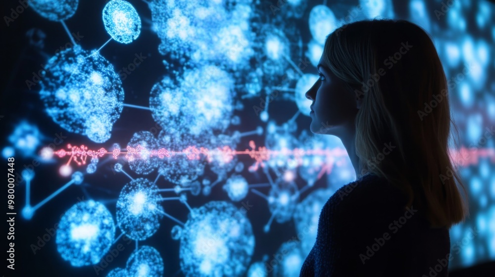 Poster a woman stands in a dimly lit room, gazing thoughtfully at a vivid display of interconnected digital