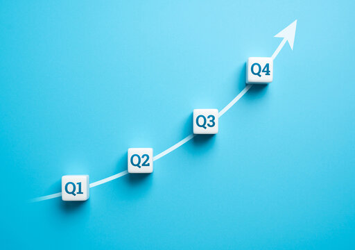 Growth chart for four business quarters. Financial growth indicators. Financial performance over a year. Profit margins. Operating costs. - Powered by Adobe