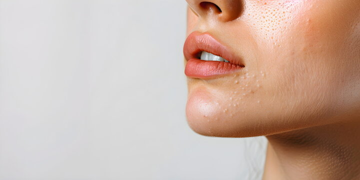 Close-up of a girl's face in a profle with red pimples on her skin. Acne therapy, inflammation on the face and problem skin. Facial care, skin care routine and hygiene. Rosacea and couperose. Cosmetic