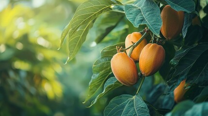   A tree laden with numerous fruits atop a green foliage-covered tree bursting with fruits