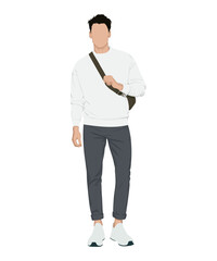 Vector illustration of a man in a light sweater, gray pants and white sneakers. Completed with a small shoulder bag for practicality.