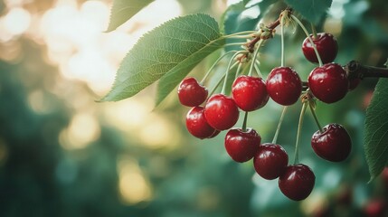 Obraz premium focused depiction of numerous cherries dangling from a tree, framed against a backdrop of lush green foliage and filtered sunlight streaming through the leaves