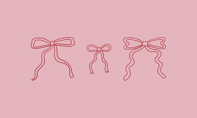 Collection of linear bows. Vector outline illustration of various outline pink ribbons. Hand drawn clipart in retro sketch style