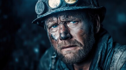 A miner, focused and resolute, stares into the distance, showcasing the grit and resilience required in his challenging underground job. Coal dust covers his face, highlighting his hard work