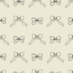 Seamless pattern with bows in sketch style. Vector outline background with hand drawn ribbons in retro style. Coquette and ballet core