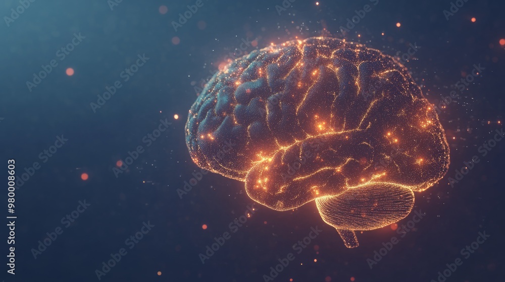 Aufkleber An illustration of a human brain rendered in a digital style. The brain is glowing with a warm orange light, with a blue background.