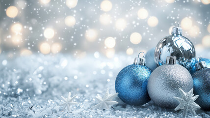 Silver background with blue Christmas ornaments and snowflakes, creating an elegant festive atmosphere. Sparkling lights for visual appeal. Perfect wallpaper or Christmas banner for holiday promotion.