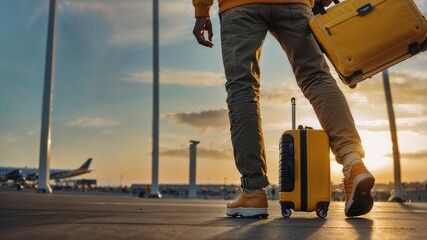Afrodescendant traveler with yellow suitcase under sunset light.