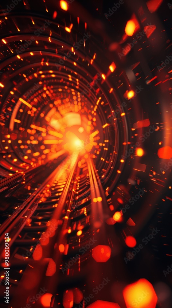 Poster abstract digital tunnel with glowing lights and particles. a futuristic, dynamic background