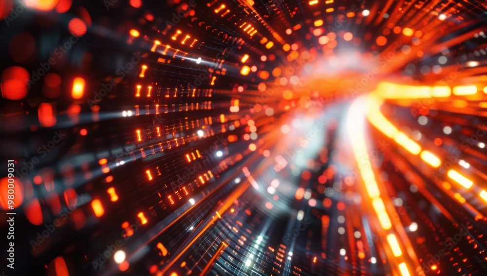 Poster abstract digital tunnel with glowing lights and particles. a futuristic, dynamic background