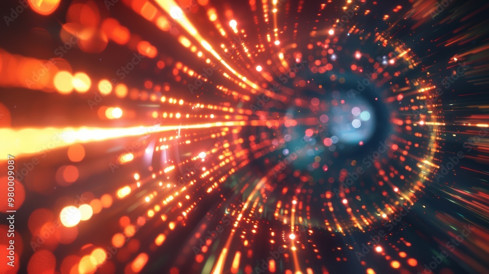 Poster abstract digital tunnel with glowing lights and particles. a futuristic, dynamic background