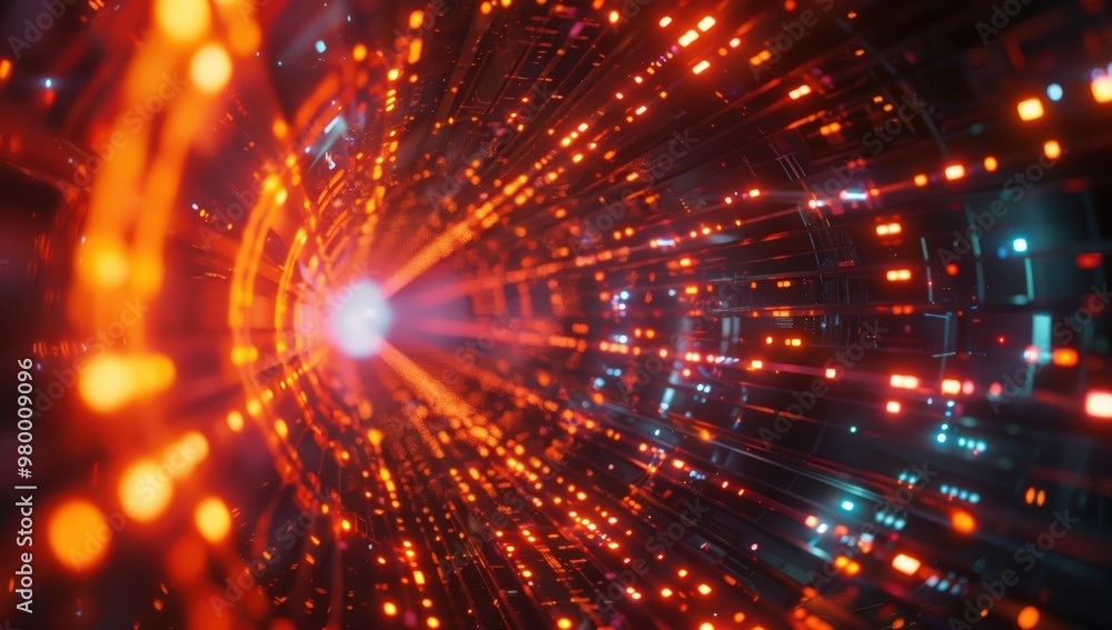 Poster abstract digital tunnel with glowing lights and particles. a futuristic, dynamic background