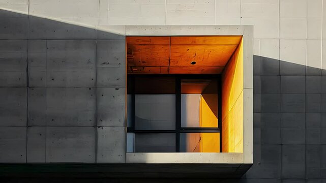 Modern architectural building facade with concrete walls and geometric window design illuminated by sunlight creating dramatic shadows