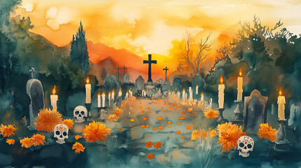 Illustration of cemetery with marigold.