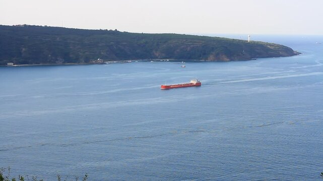 Tanker ship passing from Black Sea to Marmara Sea, North Bound on Bosporus Strait. Taken from Yoros Hill, Anadolu Kavagi in Istanbul. Turkey placed restrictions on oil tanker transit through Bosporus 