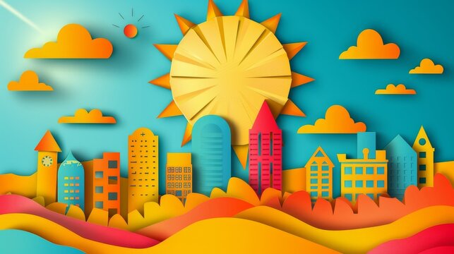 A colorful cityscape with a large sun in the sky