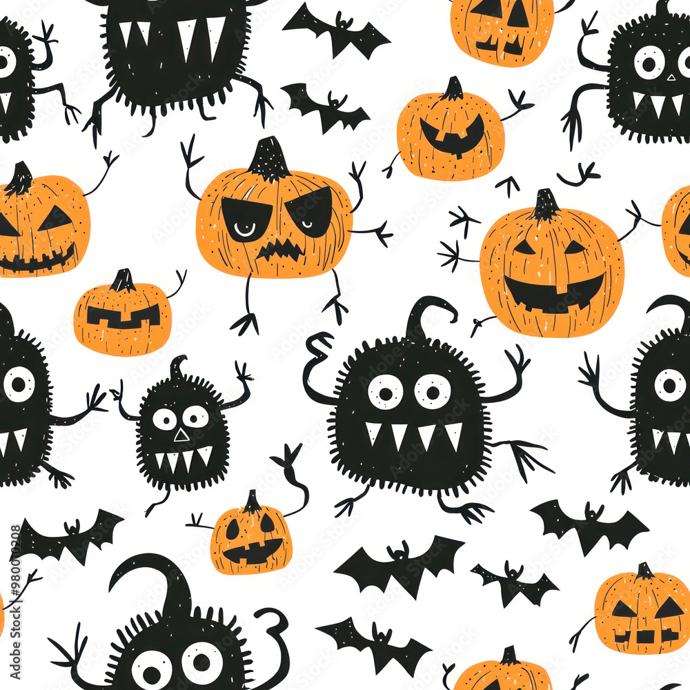 Wall mural Halloween monsters set pumpkins pattern for wrapping paper and fabrics.