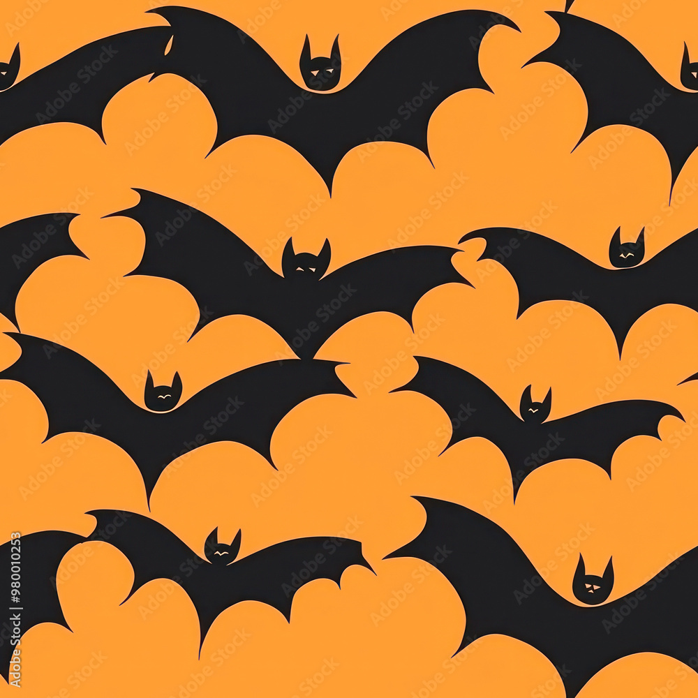 Wall mural halloween pattern with flying bats, decorative background in black and orange colours.