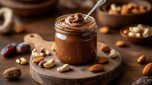 Mixed Nut Butter Jar with Nuts on a Wooden Chopping Board
