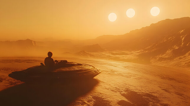 A child navigating a hovercraft over the surface of a desert planet with twin suns shining above. - Powered by Adobe