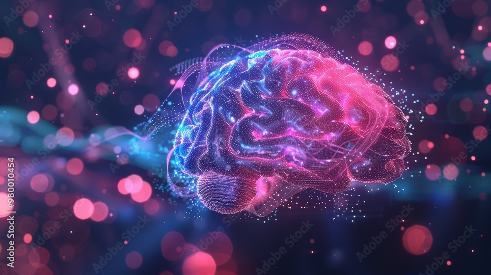 Poster brain with neon colors and neural networks, illustrating neuroscience and brain activity