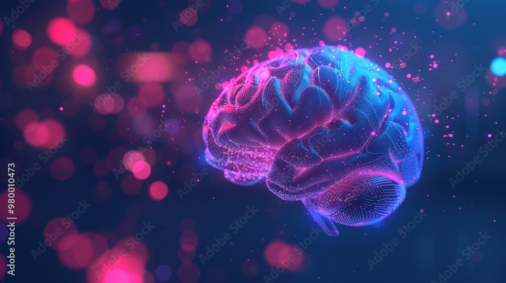 Poster brain with neon colors and neural networks, illustrating neuroscience and brain activity