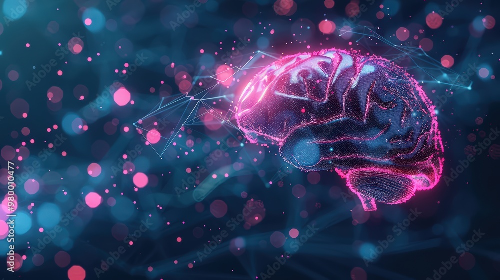 Poster brain with neon colors and neural networks, illustrating neuroscience and brain activity