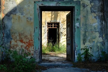 Obraz premium Overgrown Abandoned Building with Open Doorway and Sunlight Streaming Through