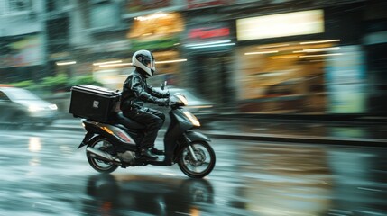 Fast Delivery Motorcycle in Rainy Motion Blur on City Street