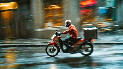 Rushing Delivery: Motorbike Speeding Through Rainy Street with Blurred Raindrops in Motion