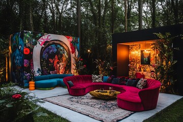 Outdoor lounge with colorful furniture, tropical art, and forest backdrop, Modern backyard design