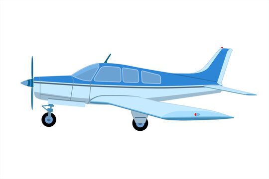 Propeller light aircraft. Single engine propelled aircraft. Airplane side view sketch. Plane in cartoon design. Passenger plane flying in the sky side view. Flat style illustration.
