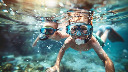 Naklejka premium Two children are swimming in the ocean wearing snorkeling gear