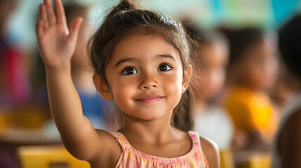 A child raising their hand confidently during a math lesson.
