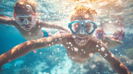 Naklejka premium Two children are swimming in the ocean wearing goggles