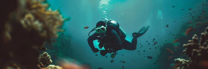 A man is diving in the ocean wearing a black wetsuit