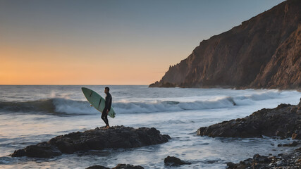 Fototapeta premium Surfer walking with a surf board in his hand. AI generated image, ai