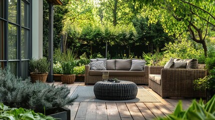 A serene and inviting outdoor patio with comfortable furniture, lush greenery, and a relaxing atmosphere