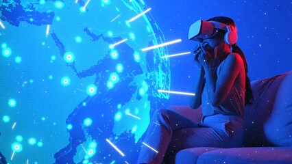Siting sofa surprised of woman using VR headset against digital signal point station network international world map futuristic technology global connectivity 3D digital graphic visual. Hallucination.